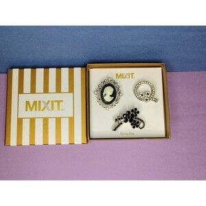 Mixit Set 3 Brooches Cameo Portrait Floral Black Clear Rhinestone Silver Tone 3x